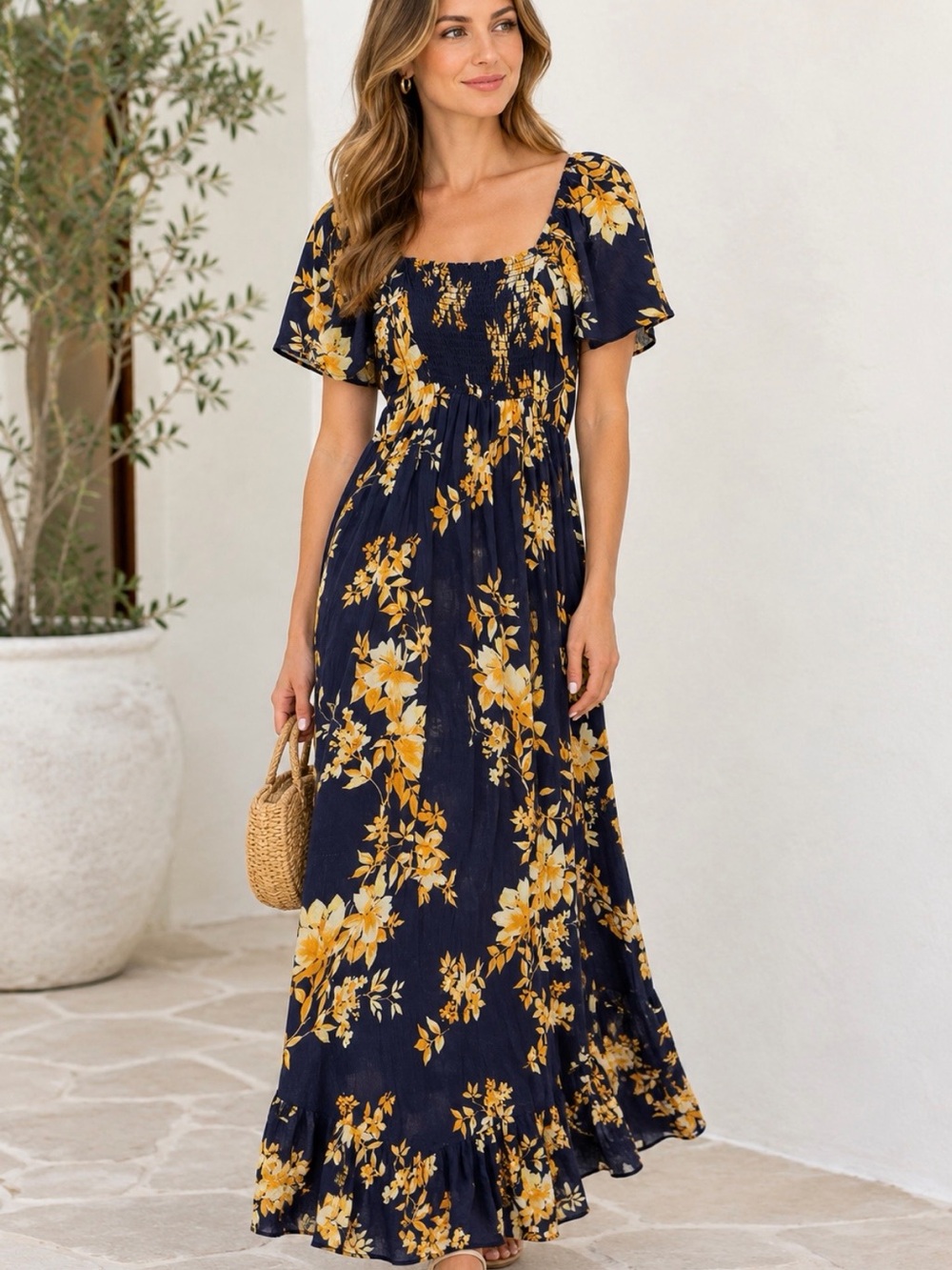 Floral Smocked Navy Maxi Dress with Yellow Bloom